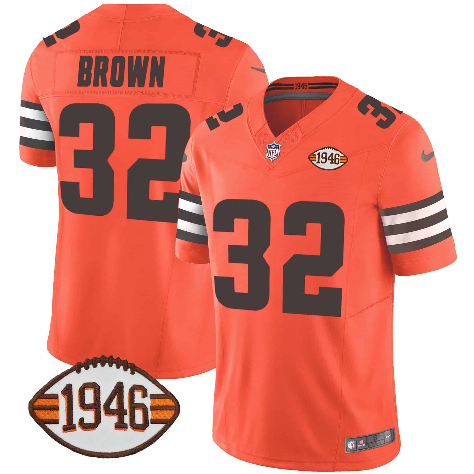 Men Cleveland Browns 32 Brown Orange 1946 75th Anniversary Patch 2024 Nike NFL Jersey